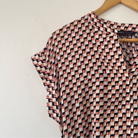 M&S Collection Pink Navy Geometric Pattern Cuffed Short Sleeve Midi Dress - Picture 7 of 9